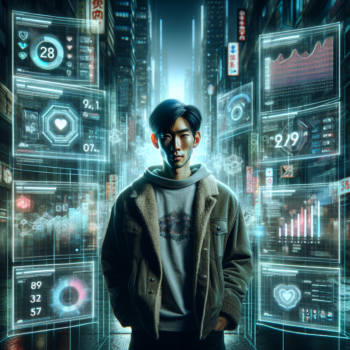 A young man standing in a futuristic cityscape with RIU AI Apps holographic data displays surrounding him, showcasing various metrics and graphs.