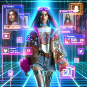 Futuristic social media influencer with colorful hair and high-tech fashion surrounded by neon social media icons and stats