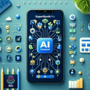 ExpertSynth Pro AI-powered app displayed on a smartphone screen with vibrant icons symbolizing knowledge, learning, and technology. Various tools and AI elements surround the phone, representing innovation.