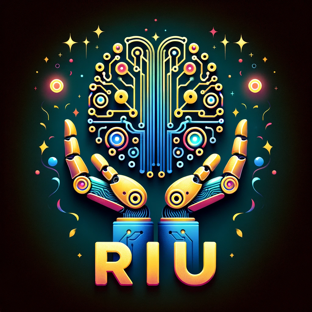 RIU logo featuring a brain and robotic hands, symbolizing AI and human interaction. Unlocking the Future with AI.