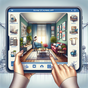 A person using a tablet to design a room, with a 3D model of the room and furniture options displayed on the screen.