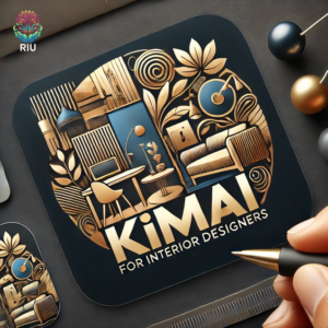 "A sleek, modern logo for KimAI Design, featuring elegant interior design elements such as stylish furniture, lamps, and decor. The logo incorporates bold, gold accents against a dark background, with the text 'KimAI Design for Interior Designers' prominently displayed. The overall design reflects the upscale, creative, and AI-powered solutions offered by the brand, making it clear that this is an app for interior designers.