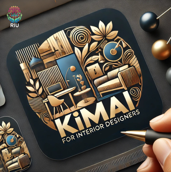 "A sleek, modern logo for KimAI Design, featuring elegant interior design elements such as stylish furniture, lamps, and decor. The logo incorporates bold, gold accents against a dark background, with the text 'KimAI Design for Interior Designers' prominently displayed. The overall design reflects the upscale, creative, and AI-powered solutions offered by the brand, making it clear that this is an app for interior designers.