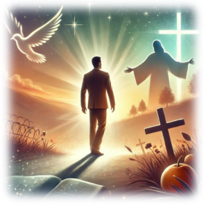 A man walking toward a radiant figure of Jesus with open arms, surrounded by crosses, an open Bible, and a peaceful sunrise, symbolizing spiritual restoration and redemption."