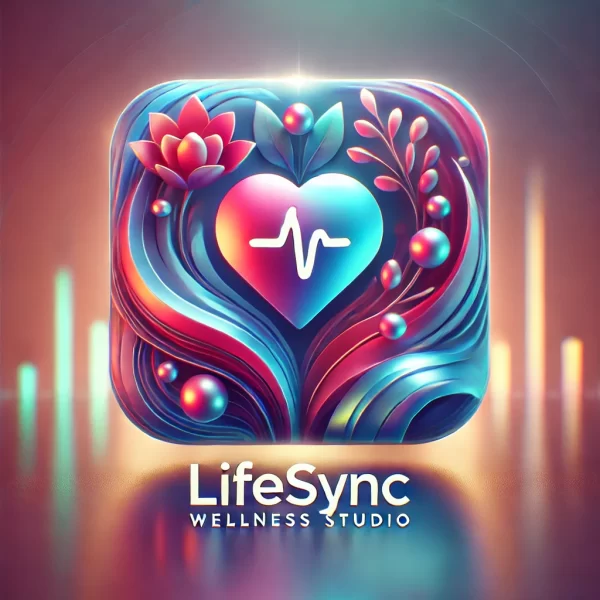 LifeSync Wellness Studio logo featuring a colorful heart and waves design symbolizing balance, wellness, and productivity.